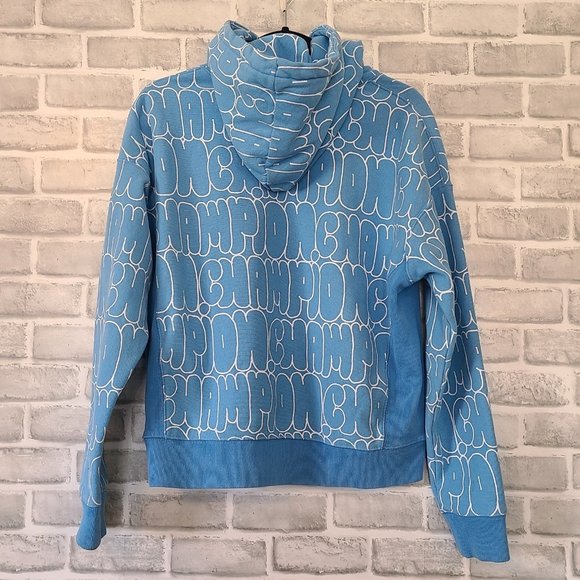 Champion Reverse Weave Hoodie Womens Large Blue Bubble Letter All Over Logo Y2K - Picture 2 of 8